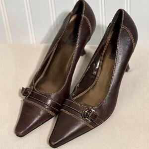 Vintage Victoria Spenser Brown Leather Heels Size 7 M Buckle Pointed Toe 90s Y2K